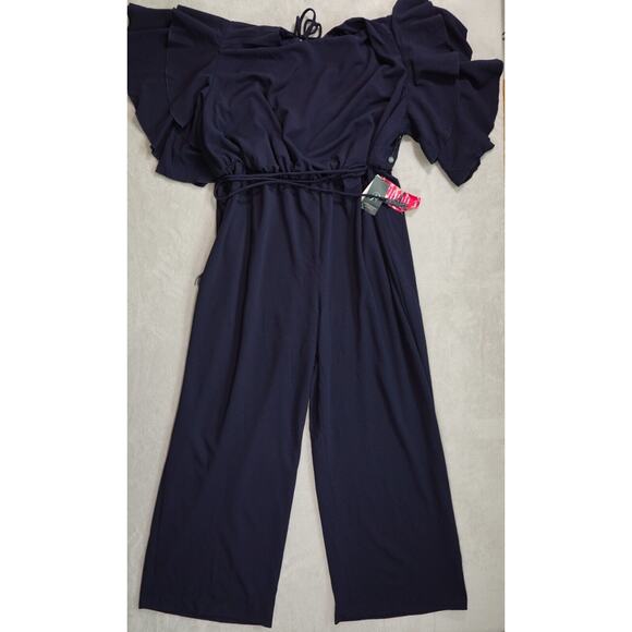 Adrianna Papell Womens Blue Long Crepe Jumpsuit Ruffle Sleeves Size 24W - Picture 1 of 15